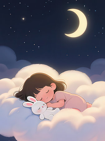 Cute little girl sleeping on a cloud with rabbit. Vector illustration.の写真素材