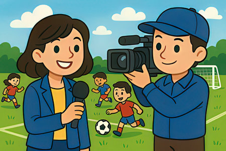 Illustration of a Teenage Boy Wearing a Cap and Holding a Video Camera While His Mother is Looking at himの写真素材