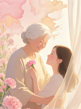 Elderly woman and her granddaughter with flowers. Vector illustration.の写真素材