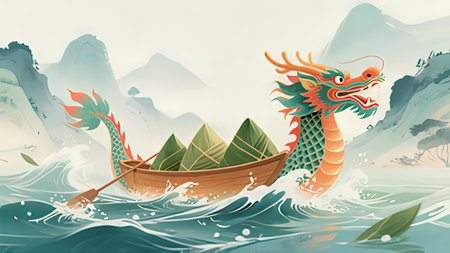 Dragon boat in the sea. Vector illustration of a dragon boat in the sea.の写真素材