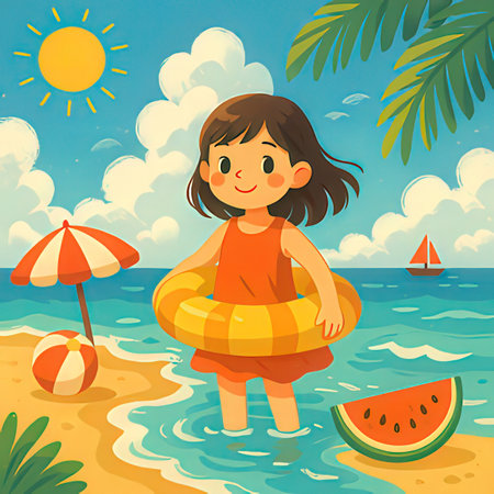 Cute little girl on the beach. Vector illustration in cartoon styleの写真素材