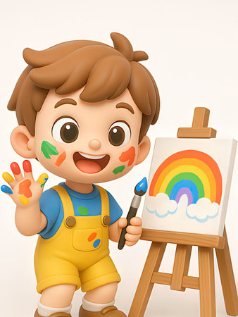 3d illustration of a little boy painting a rainbow on easelの写真素材