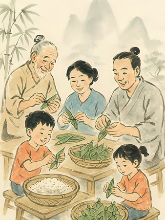 Korean family eating in the garden. Vector illustration of a happy familyの写真素材