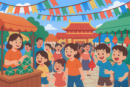 People at Chinese New Year fair cartoon vector illustration. Chinese New Year fair with people in traditional costume.の写真素材