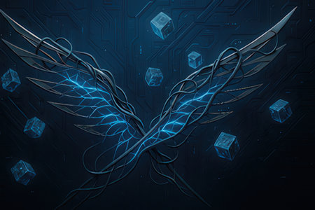 Digital illustration of wings with blue light in futuristic background. 3D renderingの写真素材