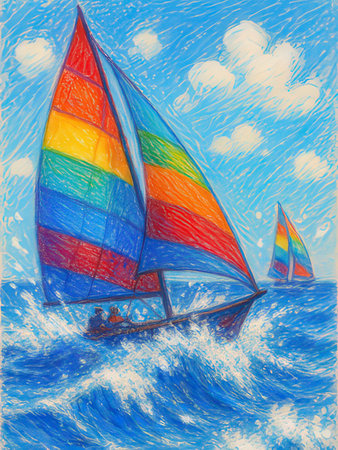 Sailing boat in the sea. Colorful hand drawn watercolor illustration.の写真素材