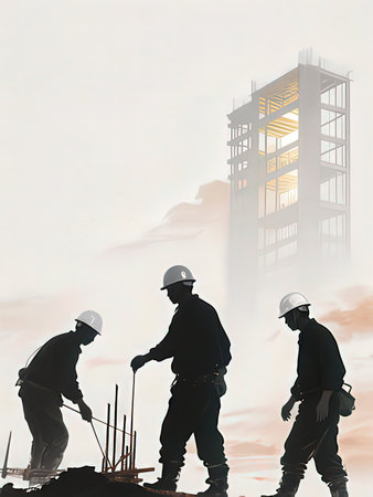 Silhouette of engineer and worker on construction site with building backgroundの写真素材