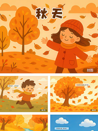 Autumn landscape with a boy and a girl. Vector illustration.の写真素材