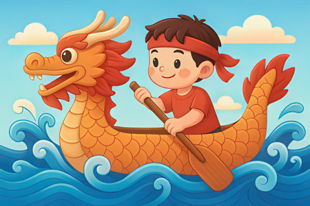 Boy rowing dragon boat in the sea illustration. Cartoon character.の写真素材