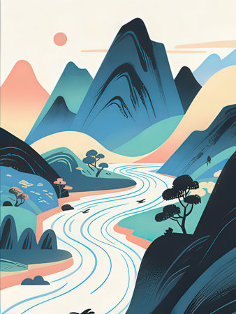 Landscape with river and mountains. Vector illustration in retro style.
