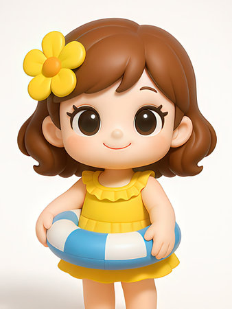 3d Render of Cute Girl with Lifebuoy on white background