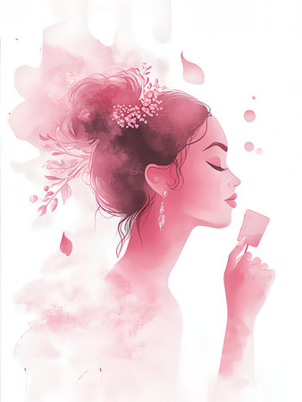 Beautiful woman face with pink watercolor paint. Vector illustration.の写真素材