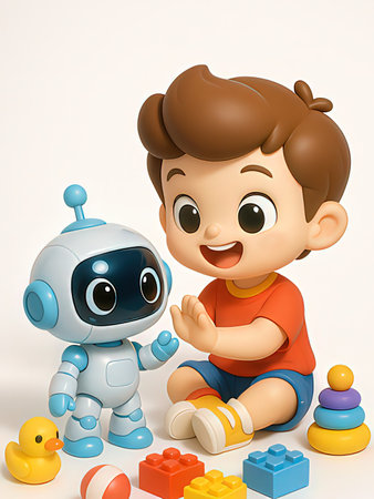 3d Render of Little boy playing with robot and building block toysの写真素材