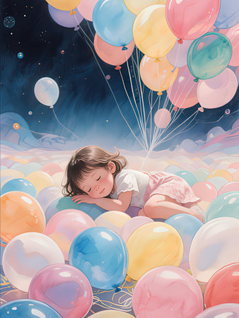 Cute little girl playing with colorful balloons in the night sky.の写真素材