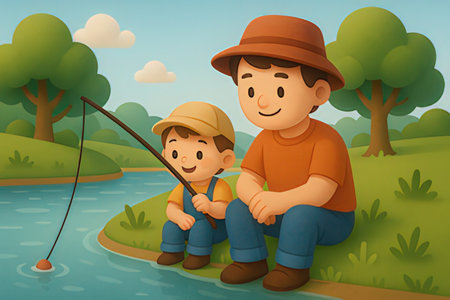 Father and son fishing in the river. Vector illustration of a cartoon style.の写真素材