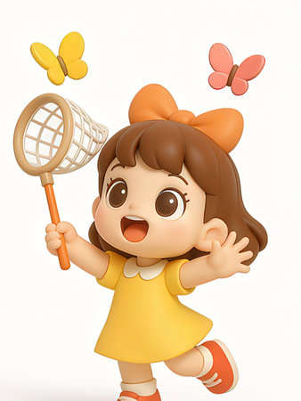 3d render of cute little girl with butterfly net over white backgroundの写真素材