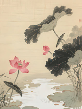 Water lily and lotus flower in pond, vintage style.の写真素材