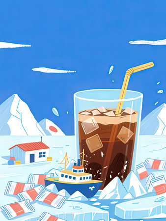 Ice coffee in a glass with a straw and ice cubes on a background of mountains. Vector illustration.の写真素材