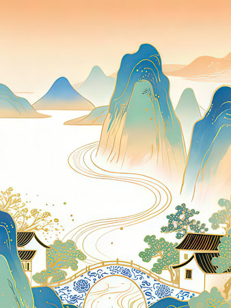 japanese landscape with mountains and pagoda, vector illustration.の写真素材