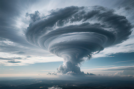 Aerial view of a tornado in the sky during a thunderstormの写真素材