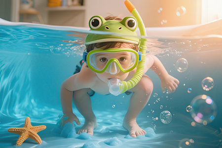 Cute little boy in a swimming pool with a toy frog.の写真素材