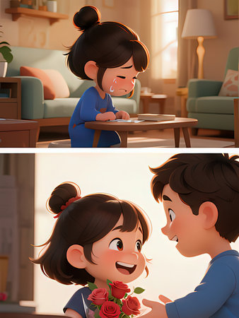 Happy family in the living room - 3d render illustration for animationの写真素材