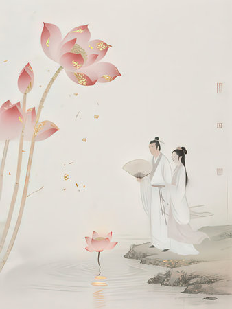 Traditional painting of a woman and a man in traditional clothingの写真素材