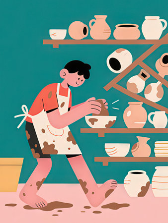Potter in his pottery workshop. Vector illustration for your designの写真素材