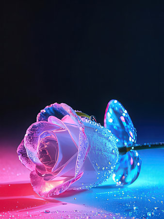 beautiful rose on a black background with water drops and blue tintの写真素材