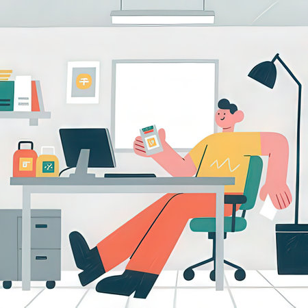 Vector illustration of a man sitting at the office desk and working on laptopの写真素材