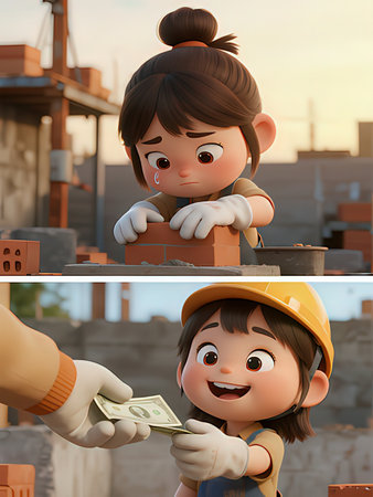 Cute boy and girl in a construction site. 3d renderingのeditorial素材