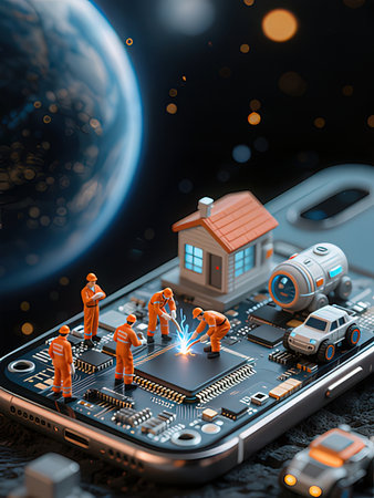 Repair and maintenance of a mobile phone. 3D illustration.