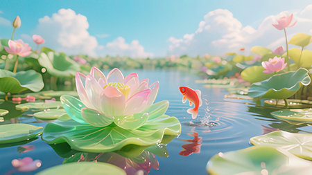 3D render of a lotus flower and fish in the lakeの写真素材