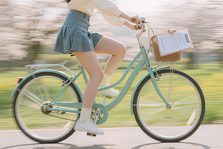 Cropped image of a young woman riding a bicycle in the parkの写真素材