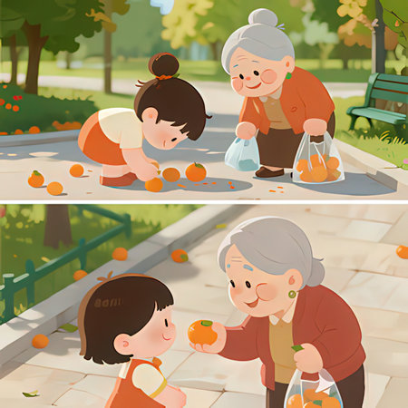 Grandmother and granddaughter picking oranges in the park, vector illustrationの写真素材