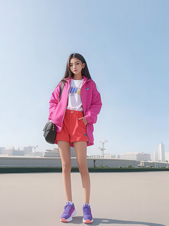 A shot of a beautiful asian woman wearing a pink jacket and red shortsの写真素材