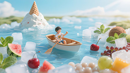Miniature people in a boat with ice cream. 3d illustration.