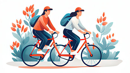 Vector illustration of a couple riding a bicycle in the park. Flat style.の写真素材