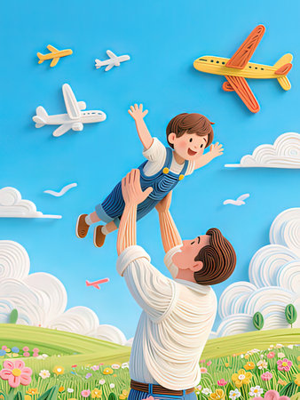 Father and son playing in the park with airplane. Vector illustration.の写真素材
