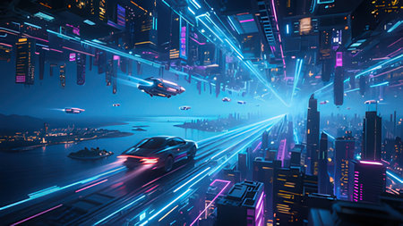 Abstract background with futuristic city and flying cars. 3d rendering.の写真素材