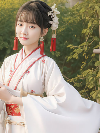 Japanese girl in a kimono with a flower in her hairの写真素材