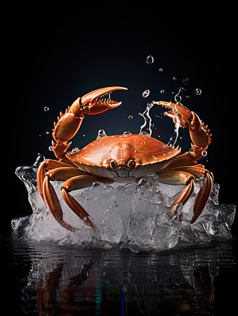 Crab in ice on black background. 3d render illustration.の写真素材