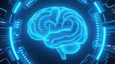 3D illustration of a human brain with binary code in the background