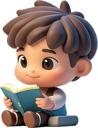 3D Render of a Little Boy reading a book isolated on white backgroundの写真素材