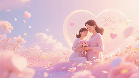 Happy mother's day with her daughter, 3d rendering toned imageの写真素材