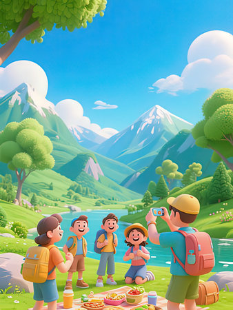 Family picnic in the mountains. Vector illustration of a happy family having picnic in nature.の写真素材