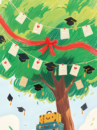 Vector illustration of graduation cap hanging on tree with books and diploma.の写真素材