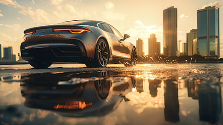 3D rendering of a brand-less generic concept car in the city