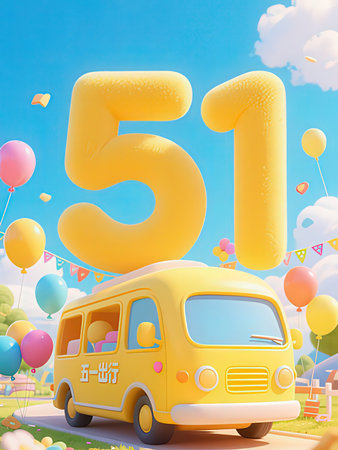 cartoon yellow bus with number 51 on the background of the sky