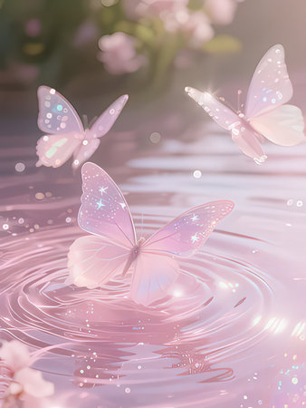 Butterflies and flowers on water background. 3d illustration.